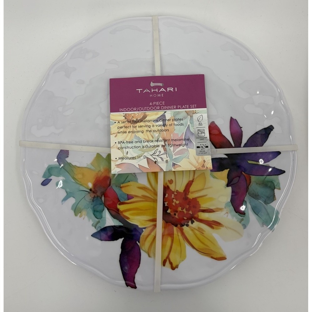 New Tahari Home Floral Melamine Dinner Plates Set of 4 Indoor Outdoor 11"